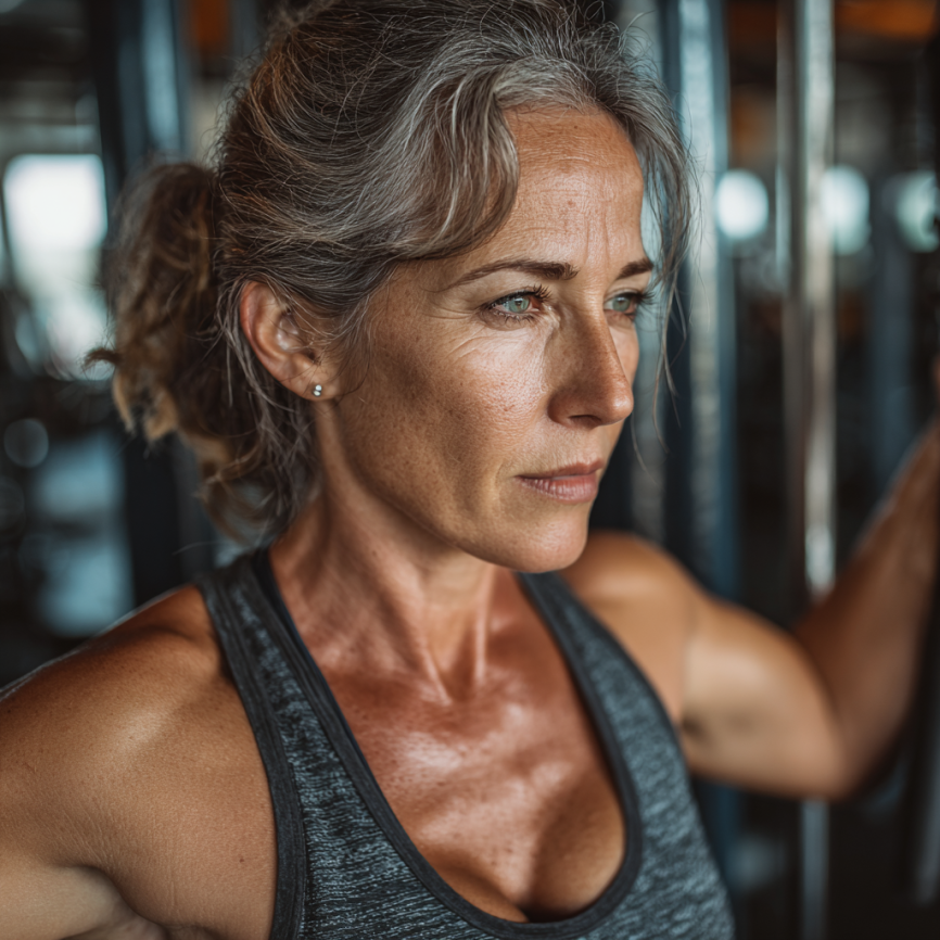 Старша жінка займається йогою на свіжому повітрі