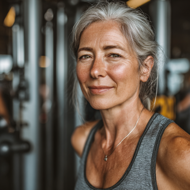 Група літніх людей займається фітнесом у залі